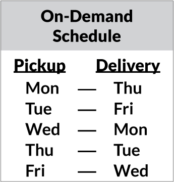 Swansons Pickup & Delivery is available Mon thru Fri.